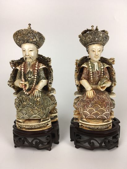 CHINA Engraved and polychromed ivory Mandarin...