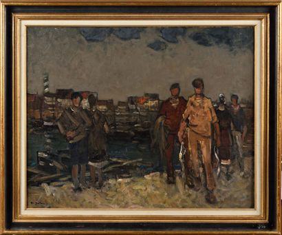 null ABEL BERTRAM (1871-1954) Retour de pêche, 1938 Huile sur toile Signé en bas...