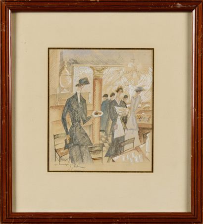 null JEAN-EMILE LABOUREUR (1877-1943) Le salon de thé, 1924 Aquarelle et gouache...