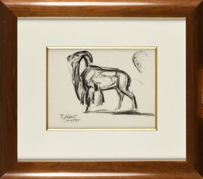 null GASTON SUISSE (1896-1988) Mouflon et tête Dessin au fusain Daté janvier 1925,...