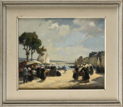 null ALPHONSE BARNOIN (1882-1940) Marché sur le port du Concarneau Huile sur toile...