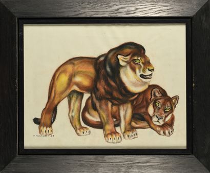null ANDRÉ MARGAT (1903-1997) Couple de lions Pastel et encre sur papier Signé et...