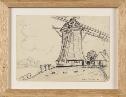 null ANDRÉ WILDER (1871-1965) Le Moulin Fusain Signé en bas à droite 12,5 x 18 c...