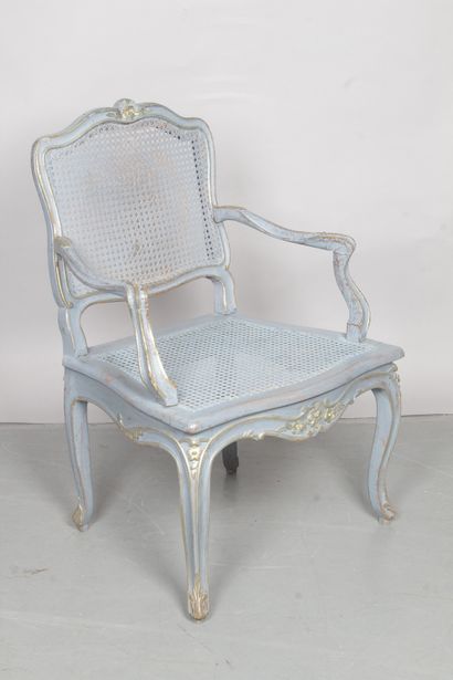 null REGENCE style armchair with flat back in two-tone blue and white painted wood,...