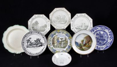 null 
LOT DE FAÏENCE. ET PORCELAINE.Une assiette légendée « Sans nous y crev’riont...