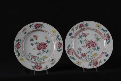 null COMPAGNIE DES INDES. Pair of porcelain plates with polychrome decoration of...