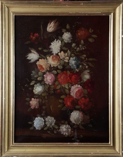 null ÉCOLE FRANÇAISE dans le goût du XVIII siècle. « Bouquet de fleurs sur un entablement...