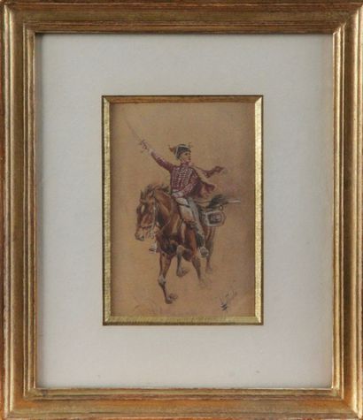 null Ecole du XIX siècle " Le hussard" Aquarelle signée en bas à gauche 13 x 9 c...