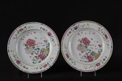 null COMPAGNIE DES INDES. Paire d’assiettes en porcelaine à décor polychrome de pivoines...