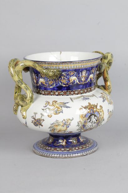 null GIEN, large cachepot with grotesque decoration and handles in the form of intertwined...