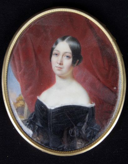 null FRENCH SCHOOL, 19TH CENTURY. Oval miniature on ivory depicting a young woman...
