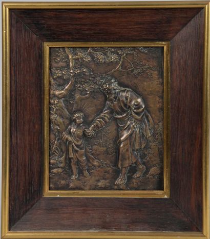 null French school of the XIX century. "Saint Joseph and the baby Jesus" bronze plate...