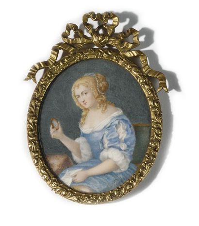 null French school of the 19th century. "Portrait of a woman 18th century holding...