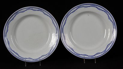 null PORCELAIN, TOURNAI. Two plates with blue camaïeu frieze and caterpillar decoration....