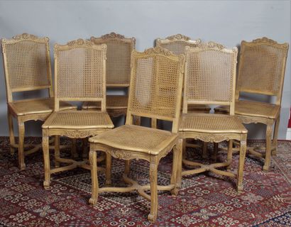 null SET OF SEVEN DINING ROOM CHAIRS, with high molded and carved wooden backs with...
