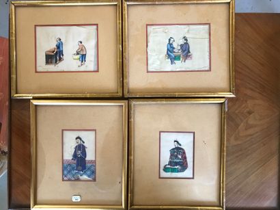 null Suite de 5 peintures sur soie de Chine, et deux peintures sur feuilles de pipal....