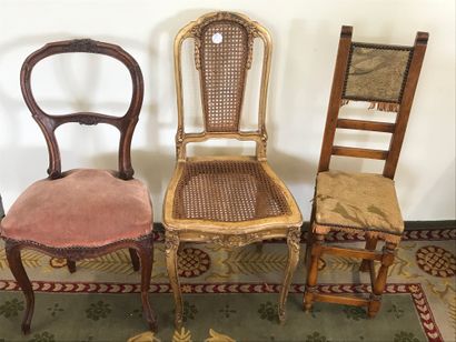 null Set of three CHAIRS

Including :

A Louis Philippe chair 

A gilded wood cane...