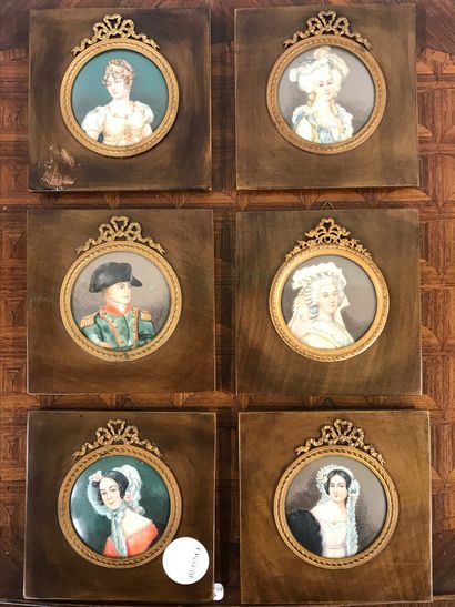 null Collection of six MINIATURES 

In a wood and gilded brass frame under a knot...