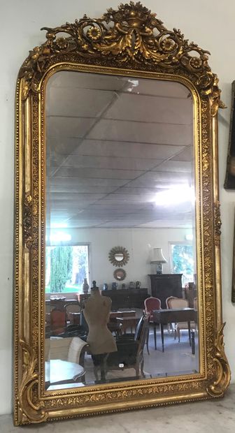 Large MIRROR 
wood and gilded resin mantelpiece...