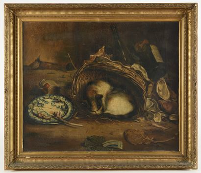 V. SARDEY (XIXe siècle) Nature morte au chaton...