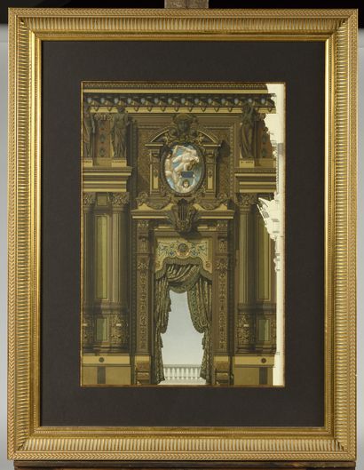 null PAIRE DE GRAVURES à décor polychrome d'un intérieur de palais. XIXe siècle 53,5...