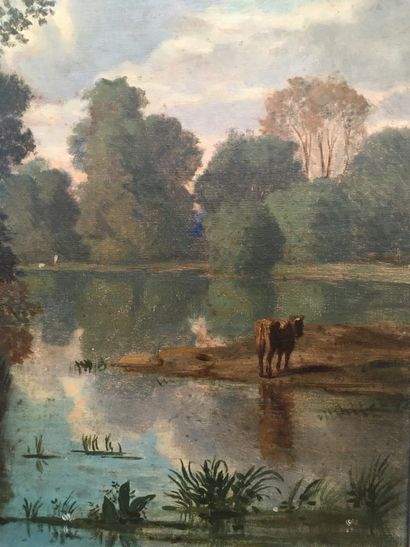 null Louis CABAT (1812-1893) Scène de paturage près d'un lac Huile sur toile Signée...