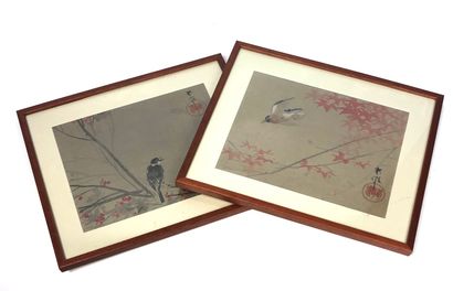 null VIETMAN Birds on branches Pair of painted silkscreen prints, signed 18.5 x 24...