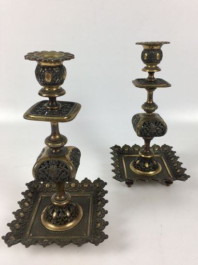 Pair of ormolu and patinated corkscrews with...