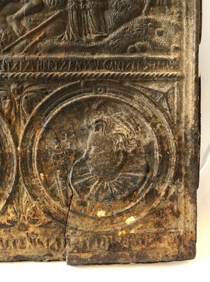 null Cast iron CHIMNEY PLATE decorated with a baptismal scene, monogrammed in an...