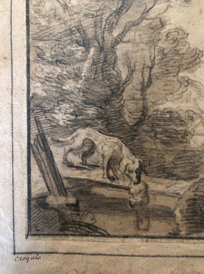 null ECOLE ITALIENNE du XVIIème siècle Couple avec son chien dans un paysage Pierre...