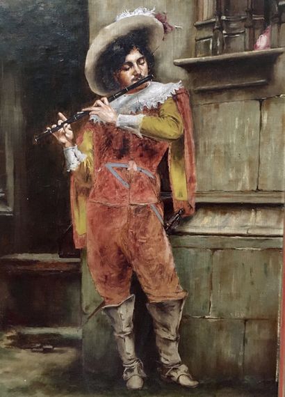  ECOLE FRANCAISE du XIXe siècle Le mousquetaire musicien Huile sur toile 55 x 32...
