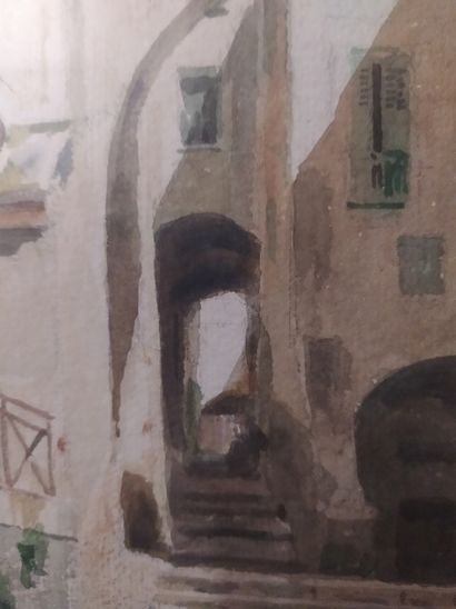 null Georges CLAUDE (1854-1921) Village lane Watercolour signed lower left 33 x 24...