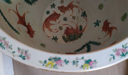  CHINA Large circular porcelain fish bowl decorated in Famille Rose enamels in light...