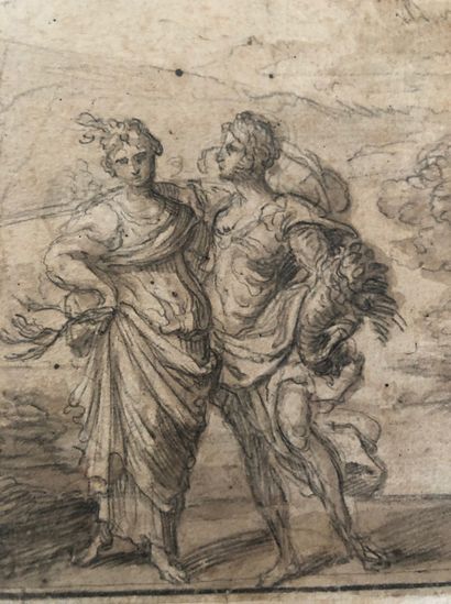 null ECOLE ITALIENNE du XVIIème siècle Couple avec son chien dans un paysage Pierre...