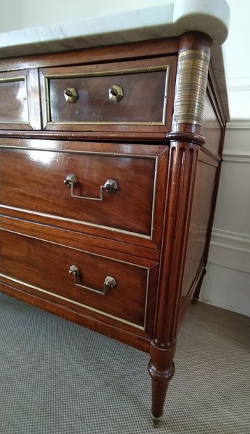 null A mahogany veneered COMMODE opening in front with three drawers with brass fillets....
