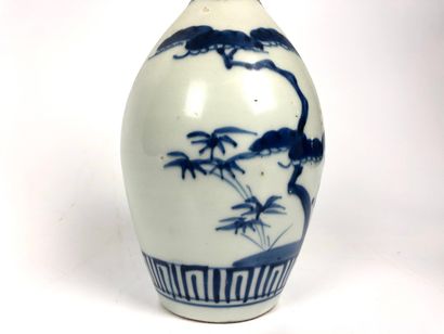  JAPON Deux bouteilles à saké en porcelaine décorées en bleu d´un pin parasol pour...