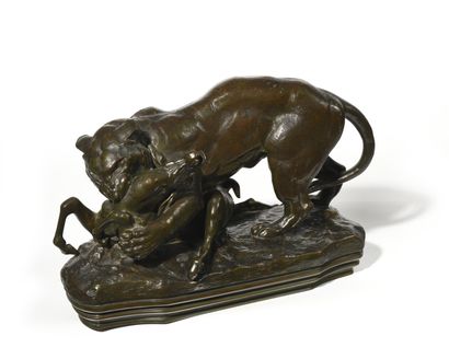 null Antoine Louis BARYE (1795-1875) Tigre et antilope Sculpture en bronze à patine...