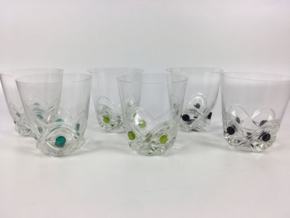 LALIQUE FRANCE Six crystal whisky glasses,...