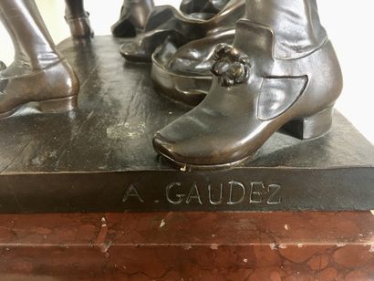  Adrien GAUDEZ (1845-1902) La Leçon d’escrime Groupe en bronze à patine brune Socle...
