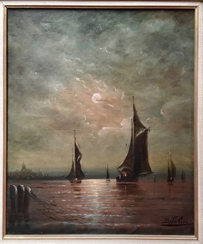  DELALIEUX (Fin XIXe Début XXe siècle) Marine au clair de lune Huile sur toile Signé...
