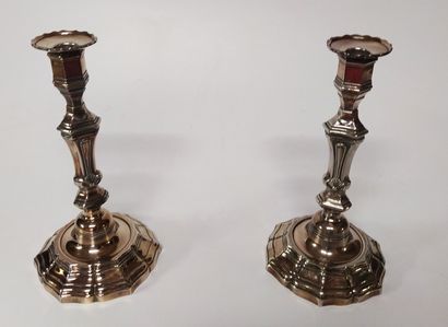  PAIR OF CANDELABRES in silver plated metal with three arms of lights and a central...