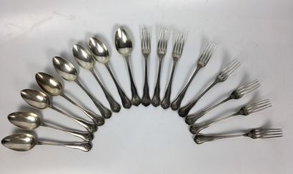 Eight silver spoons and eight forks with...