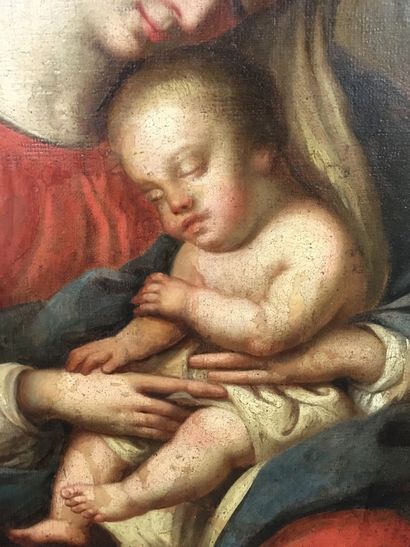  ECOLE ITALIENNE du XVIIe siècle Vierge à l'Enfant Toile 46 x 38 cm (restauratio...