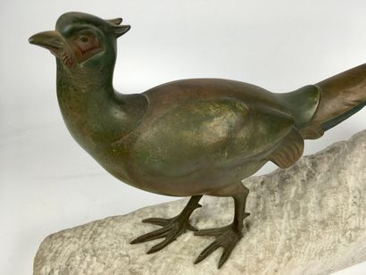 null Henri PAYEN (1894-1933) Faisan Bronze à patine verte sur socle en pierre (bronze)...