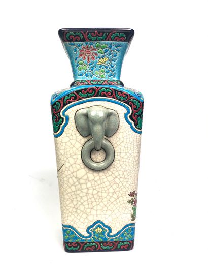 null LONGWY Baluster vase in cracked earthenware with polychrome enamelled decoration...