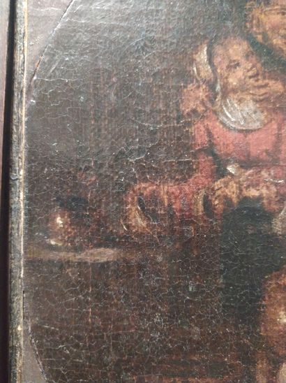  ECOLE FLAMANDE du XVIIe siècle Scène de taverne Huile sur toile (rentoilée) Cadre...