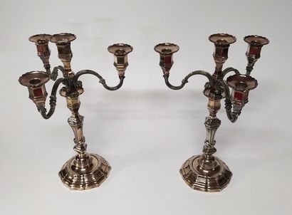  PAIR OF CANDELABRES in silver plated metal with three arms of lights and a central...