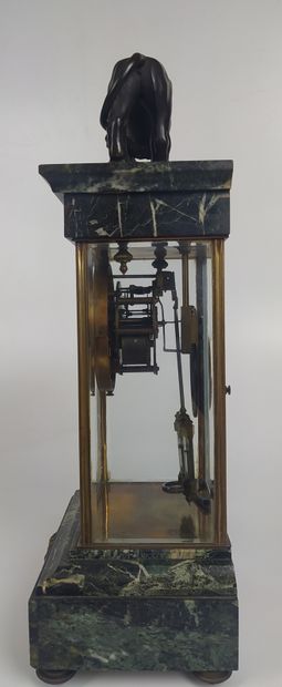 null A sea-green marble and gilt bronze CHIMNEY GANRITURE comprising a cage clock...