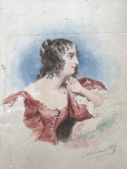 null ROMANTIC SCHOOL

Portrait of a young woman

Watercolor on paper

Signed Brindeau...