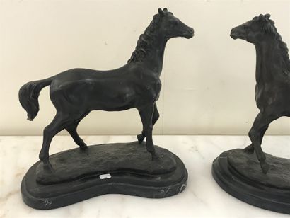  PAIR OF HORSES in bronze with black patina 
On a marble base 
Signed Milo 
Stamped...